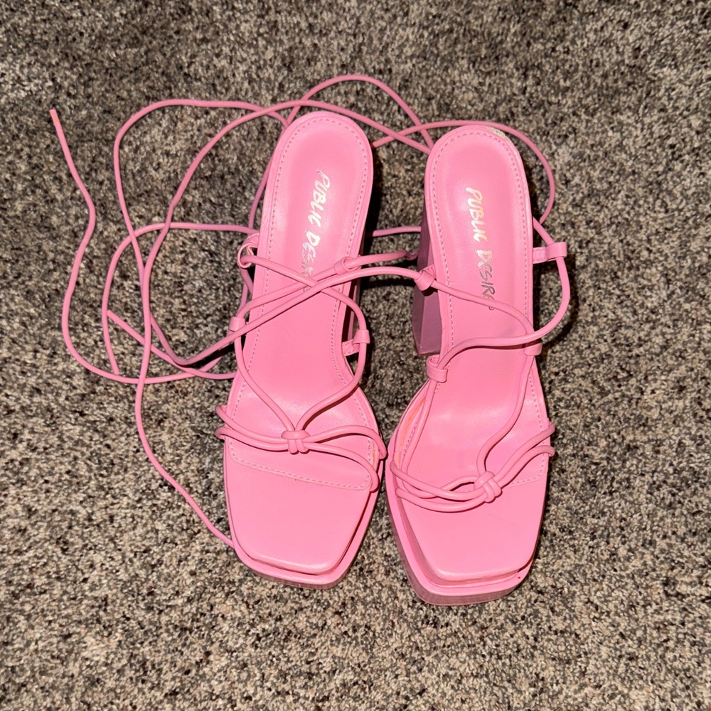 Public Desire Pink Strappy Lace-Up Block Heel Sandals